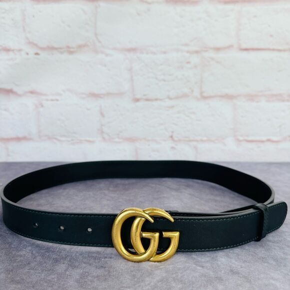 Authentic Gucci Slim Leather Marmont Gg Double Mens Belt Black 90/36” 414516 - Picture 1 of 11